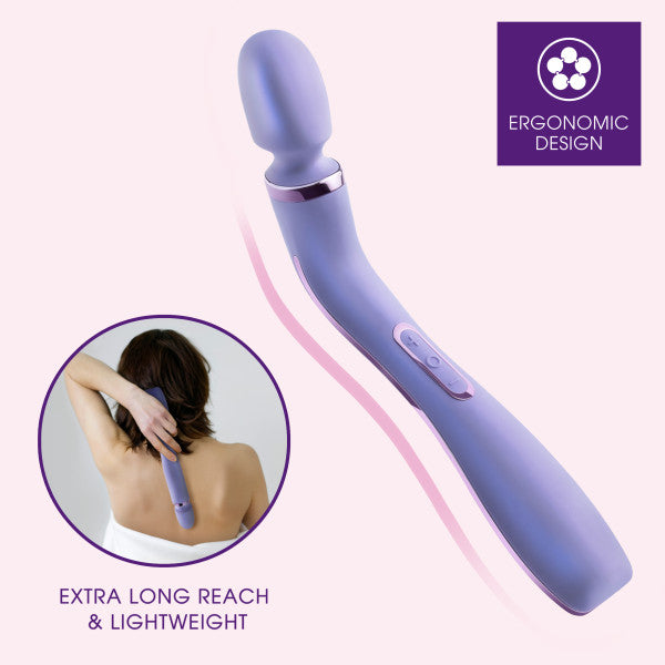 A Lavender Wellness Eternal Slim Ergonomic Powerful Remote Control Wand by Blush with an extra-long reach and lightweight design is shown. The close-up inset image depicts a person using the massager on their back. A label reads "Ergonomic Design." Featuring powerful vibrations, this device ensures effective relief and relaxation.