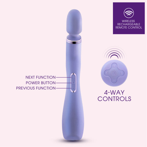 The Blush Wellness Eternal Slim Ergonomic Powerful Remote Control Wand in Lavender is shown. It features labeled buttons for power, next function, and previous function on its purple, slim body with a rounded head. Beside it is a round remote control with 4-way controls, and a label indicates that it has a waterproof, wireless rechargeable remote control.