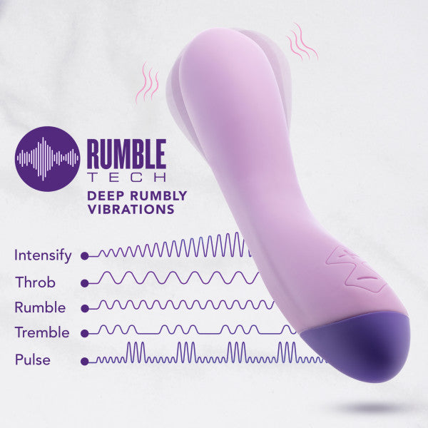 A Wellness G Curve Rumbly Waterproof Silicone G-Spot Vibrator by Blush, featuring a purple color and curved design, is displayed against a white background. On the left, wavy lines illustrate various vibration patterns labeled as Intensify, Throb, Rumble, Tremble, and Pulse. The text reads "Rumble Tech Deep Rumbly Vibrations," highlighting its silky silicone construction.