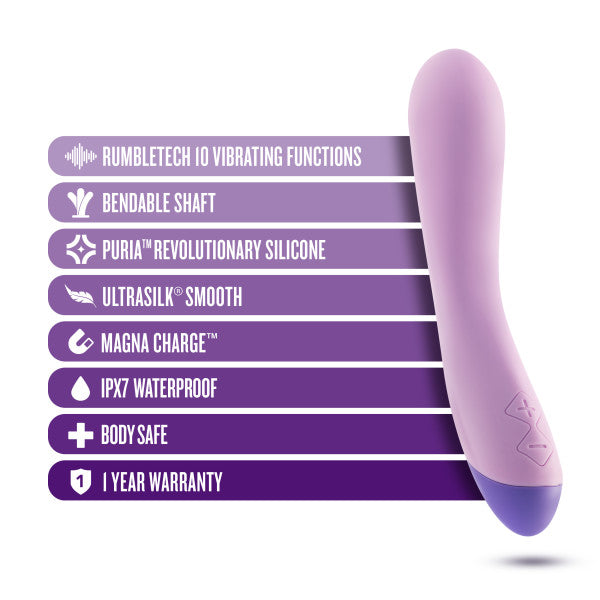 An image of the Blush Wellness G Curve Rumbly Waterproof Silicone G-Spot Vibrator in lavender, accompanied by a list of features including RumbleTech 10 vibrating functions, a bendable shaft, Puria™ revolutionary silky silicone, Ultrasilk™ smooth feel, Magna Charge™, IPX7 waterproof rating, body-safe materials, and backed by a 1-year warranty.