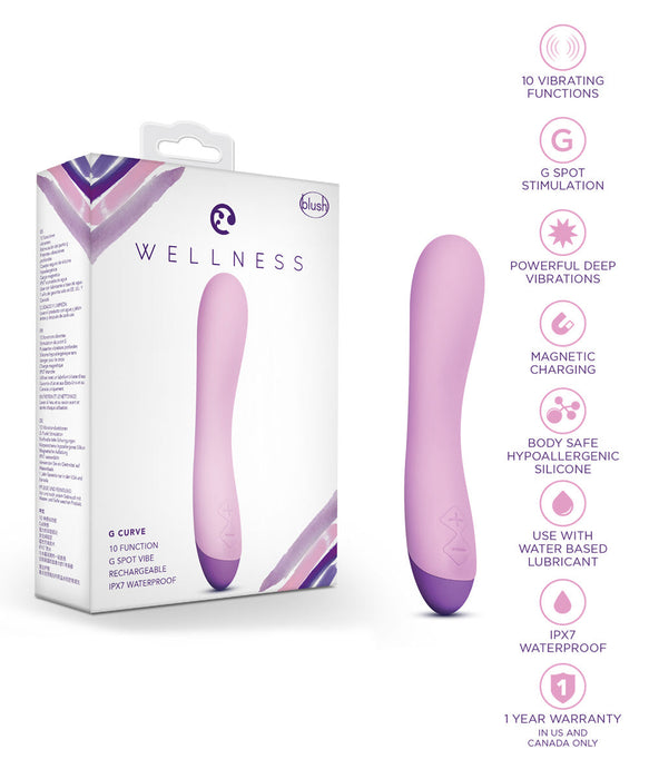 Image of the Blush Wellness G Curve Rumbly Waterproof Silicone G-Spot Vibrator in light purple next to its packaging. The predominantly white box showcases the same product image. To the right, icons highlight its features: 10 vibrating functions, silky silicone, rechargeability, water resistance, and a 1-year warranty.