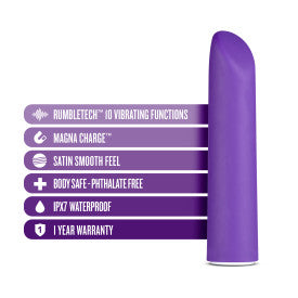 The Blush Wellness Power Bullet - Rumbly Waterproof Ultra Strong Vibrator in purple is showcased next to a list of features: Rumbletech™ 10 vibrating functions, Magna Charge™, satin smooth feel, body-safe and phthalate-free, IPX7 waterproof rating, and a 1-year warranty.