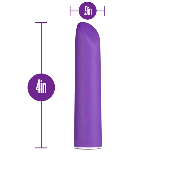 This Blush Wellness Power Bullet is a purple cylindrical vibrator with a rounded tip, measuring 4 inches in length and 0.9 inches in diameter. Measurement indicators are illustrated in purple alongside this waterproof, ultra-strong sex toy to show its size.