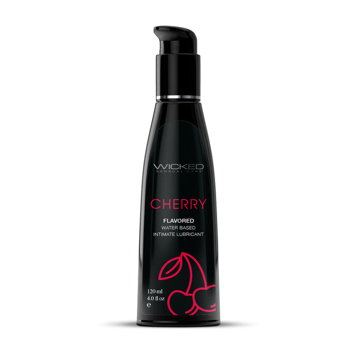 A sleek black bottle of Wicked Aqua Cherry Flavored Water Based Lubricant 4 oz by Wicked Lubes, featuring a cherry graphic and holding 120 ml (4.0 fl oz). This personal lubricant comes with a pump dispenser on top for easy use.