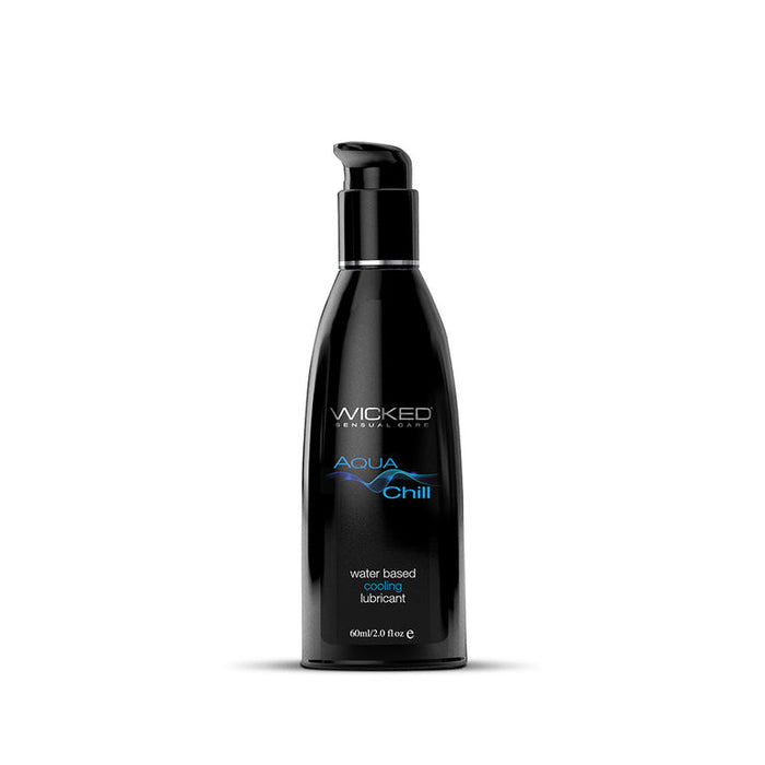 The Wicked Aqua Chill Water Based Cooling Lubricant from Wicked Lubes is available in a sleek black bottle with a pump dispenser, containing 60ml or 2.0 fl oz of product. The label features black with blue and white text, hinting at the refreshing cooling effect that delivers a delightful tingling sensation.