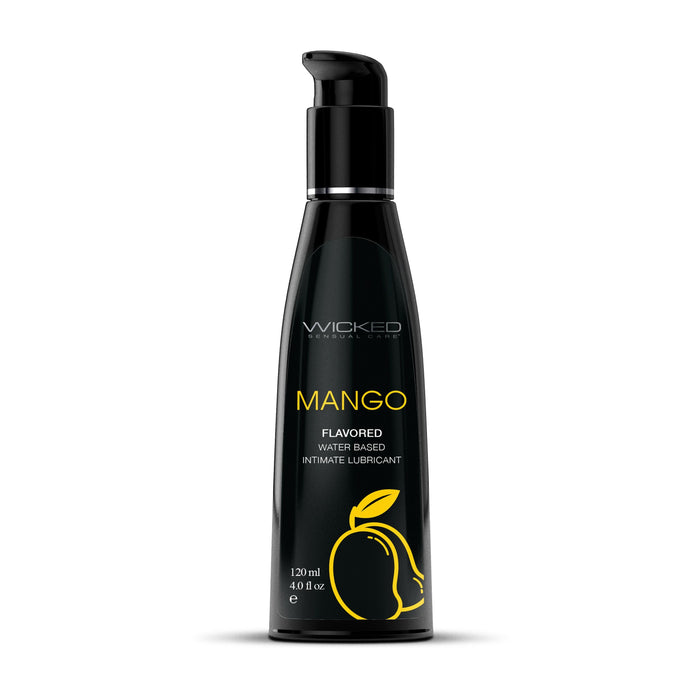 A sleek black bottle of Wicked Aqua Mango Flavored Water Based Lubricant 4 oz by Wicked Lubes. With a pump dispenser, yellow text indicating the flavor, and an illustrated mango, this 120 ml (4 fl. oz.) bottle promises delightful oral pleasures thanks to its smooth water-based formula.