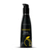 A sleek black bottle of Wicked Aqua Mango Flavored Water Based Lubricant 4 oz by Wicked Lubes. With a pump dispenser, yellow text indicating the flavor, and an illustrated mango, this 120 ml (4 fl. oz.) bottle promises delightful oral pleasures thanks to its smooth water-based formula.