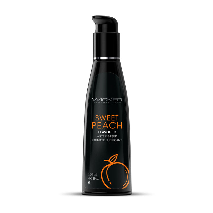 A bottle of Wicked Lubes' Wicked Aqua Sweet Peach Flavored Water Based Lubricant, featuring a paraben-free formula and a convenient pump dispenser. This black bottle with orange text and a peach graphic contains 120 ml or 4.0 fl oz of sugar-free sweet peach lube.