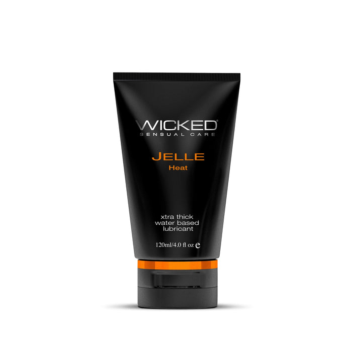 A tube of Wicked Jelle Heat Warming Anal Lubricant by Wicked Lubes is shown against a white background. The black tube has a flip-top cap and features orange and white text that reads "extra thick, extra long lasting water based lubricant," with the volume indicated as 120ml/4 oz.