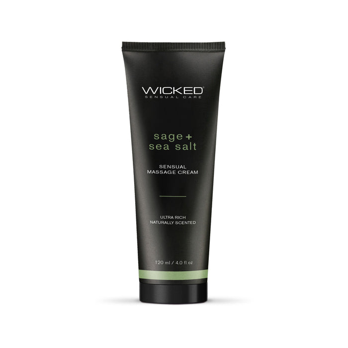 A black tube labeled "Wicked Lubes" features front text displaying "sage + sea salt" and "Sensual Massage Cream." This Wicked Sensual Sage & Sea Salt Massage Cream is ultra-rich, naturally scented, and paraben-free. The tube size is noted as 120 ml (4.0 fl oz).