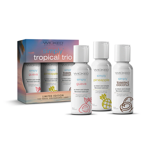 Image of the Wicked Simply Aqua Tropical Trio featuring three 1 oz bottles of water-based lubricants from Wicked Lubes. The bottles are labeled "Simply Guava," "Simply Pineapple," and "Simply Toasted Coconut." The box is also shown, highlighting the "Limited Edition 1oz Travel Size Flavored Lubes.