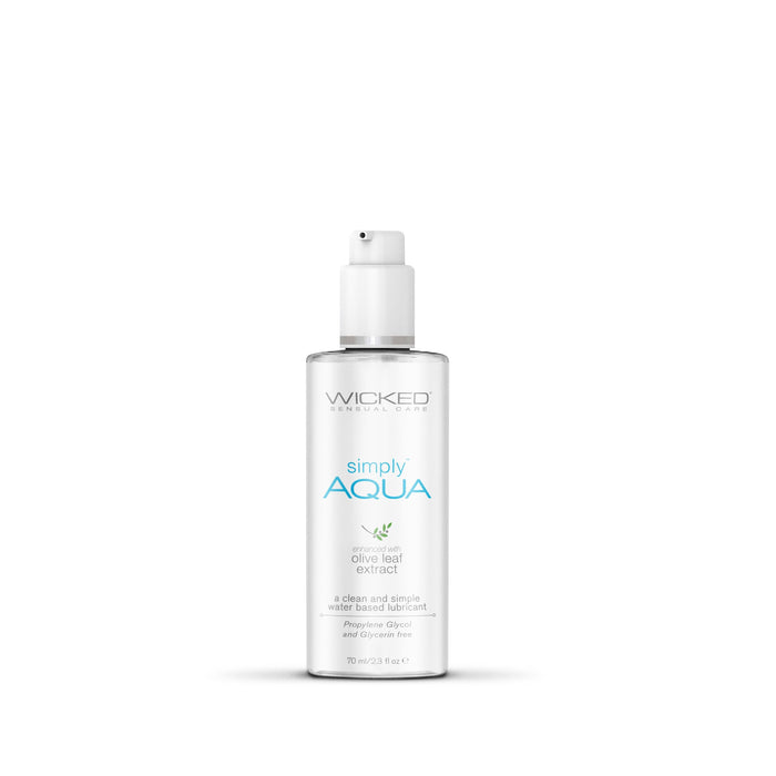 A sleek, 2.3 fl oz travel-size bottle of Wicked Lubes' "Simply Aqua" water-based lubricant, enriched with olive leaf extract. The design features a white pump dispenser and blue text, highlighting its vegan and cruelty-free formula.