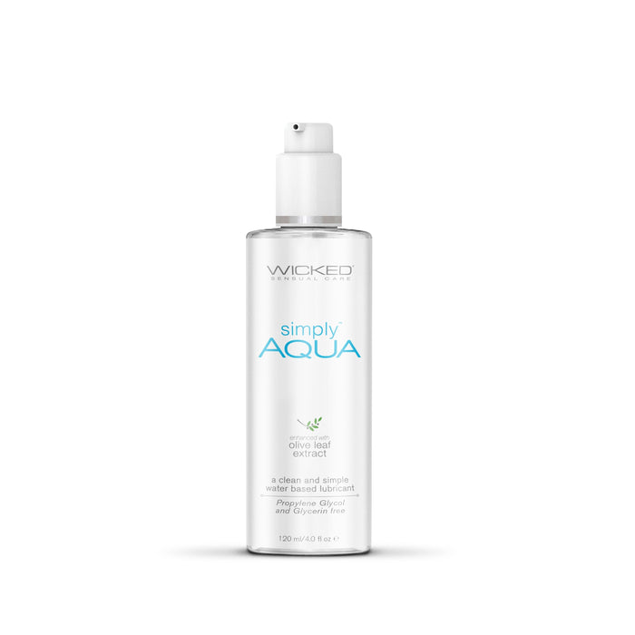 A clear plastic bottle with a pump dispenser labeled "Wicked Simply Aqua Water Based Lubricant 4 oz" from Wicked Lubes, featuring olive leaf extract. The 120 ml (4.0 fl oz) bottle contains a clean, simple, cruelty-free, water-based lubricant that is free from propylene glycol and glycerin.