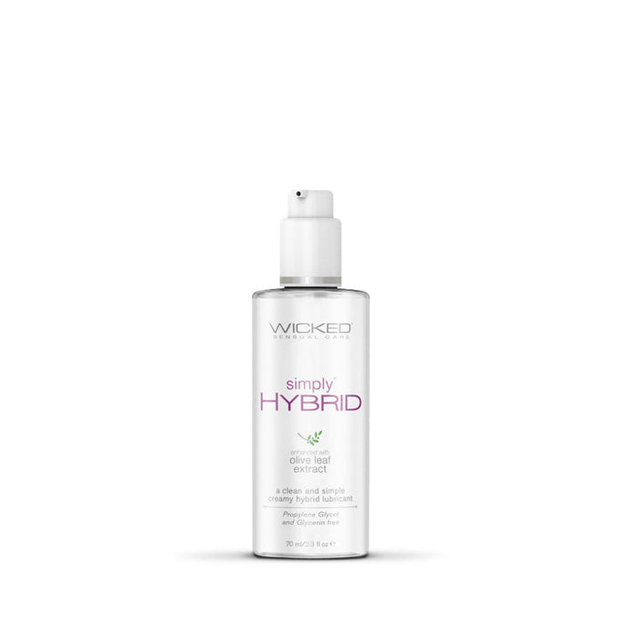 Introducing the Wicked Simply Hybrid Lubricant 2.3 oz by Wicked Lubes, featuring a sleek white and silver design with olive leaf extract and a convenient pump dispenser. This clean and simple creamy hybrid lubricant is long-lasting, vegan, and formulated without propylene glycol and glycerine.