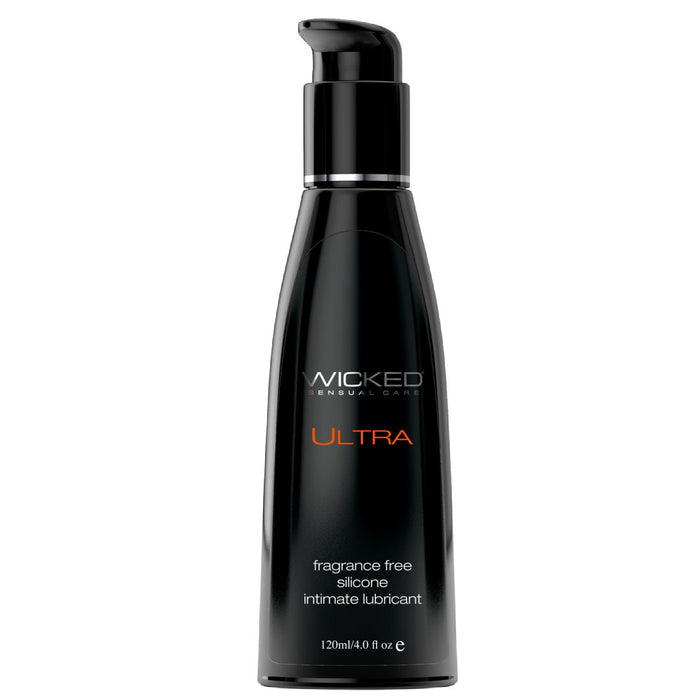 A sleek black bottle of Wicked Ultra Fragrance Free Silicone Lubricant designed for water play, on a white background.