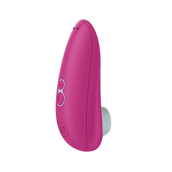 The Womanizer Starlet 3 Pleasure Air Clitoral Stimulator in pink, by Womanizer, is a sleek and curved handheld electronic device. It features two control buttons and a small circular pad at the bottom. Utilizing advanced air pulsation technology, this compact stimulator is specifically designed for personal care.