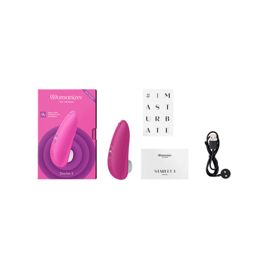 A Womanizer Starlet 3 Pleasure Air Clitoral Stimulator set by Womanizer, featuring the pink device with revolutionary air pulsation technology, its packaging, a USB charging cable, an extra silicone head, and two informative booklets.