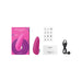 A Womanizer Starlet 3 Pleasure Air Clitoral Stimulator set by Womanizer, featuring the pink device with revolutionary air pulsation technology, its packaging, a USB charging cable, an extra silicone head, and two informative booklets.