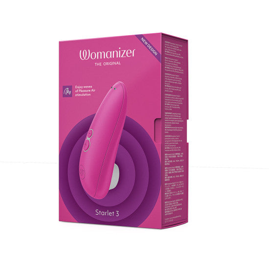 Image of a pink retail box with a slightly open flap containing the "Womanizer Starlet 3 Pleasure Air Clitoral Stimulator - Pink" by Womanizer. The packaging showcases the sleek, pink device and includes text highlighting features such as "Pleasure Air" air pulsation stimulation.