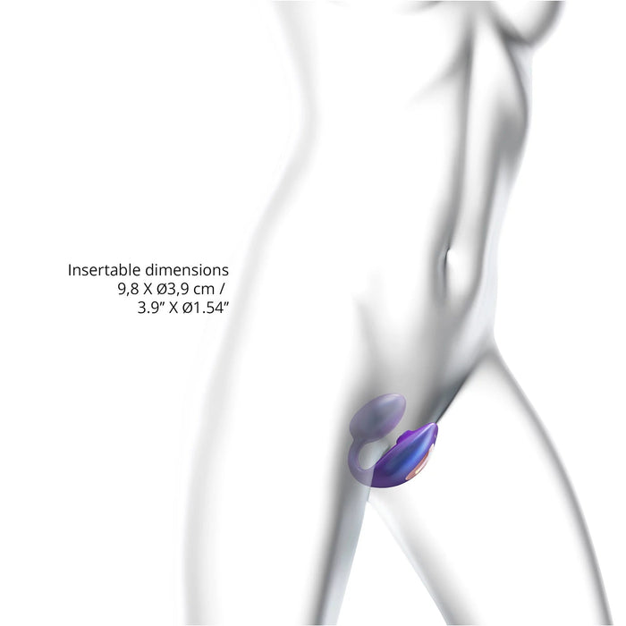 The image depicts a partially transparent illustration of a person's lower torso with a deep blue device shown inside their pelvic region, designed for g-spot stimulation. The text on the image reads: "Insertable dimensions 9,8 x Ø3,9 cm / 3.9" x Ø1.54". This product is the Wonderlover Hands Free Clitoral and G-Spot Vibrator with Remote by Lovely Planet.