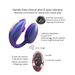 An image of the Wonderlover Hands Free Clitoral and G-Spot Vibrator with Remote in deep blue, designed by Lovely Planet. The egg-shaped wearable device offers hands-free clitoral stimulation and internal G-spot stimulation. Accompanied by a circular remote equipped with multiple buttons, the text highlights various features and modes, including vibration intensity and range.