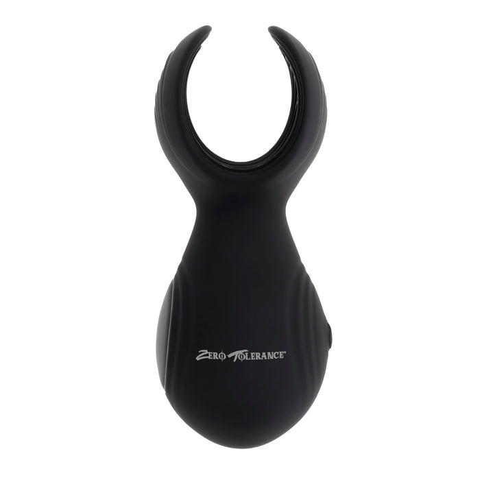 A black, handheld device shaped like an oval with an open, U-shaped top. It has the brand name "Evolved Novelties" printed on the front. The Handy Helper Petite Hand Held Vibrating Masturbator features a smooth surface with slight contours for grip and includes a flexible silicone cradle designed to address erectile dysfunction.