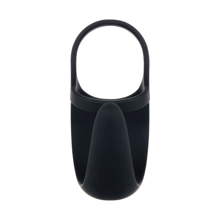 The Zero Tolerance Vibrating Black Ball Cradle by Evolved Novelties is a black silicone ring-shaped device featuring a loop at the top and a teardrop-shaped extension at the bottom. Its ergonomic design implies it's meant for personal use, potentially as a waterproof sex toy or wearable technology accessory.