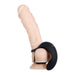 The Zero Tolerance Vibrating Black Ball Cradle by Evolved Novelties features a realistic beige silicone dildo with pronounced veiny texture, secured to a sturdy suction cup base. It comes with a black vibrating cock ring that has a smooth, curved design. This waterproof sex toy is showcased in an upright position, perfect for versatile play.