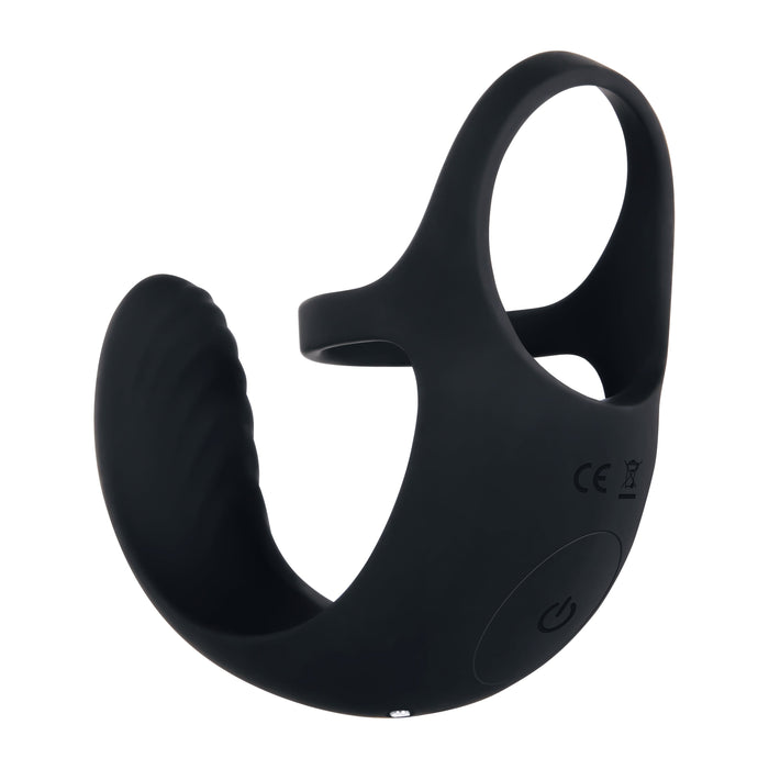 The Zero Tolerance Vibrating Black Ball Cradle by Evolved Novelties is a black silicone cock ring equipped with a curved, silicone vibrator attachment. This waterproof sex toy features a looped design for securing around the penis and includes a side power button. It also includes CE and trash bin symbols, indicating compliance and disposal instructions.