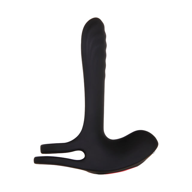 The Zero Tolerance Vibrating Girth Enhancer and Cock Ring by Evolved Novelties is a black massager with a sleek, curved design and a ribbed texture on the insertable part. The base includes an ergonomic handle with a loop for easy grip and maneuverability. Its smooth silicone surface enhances comfort, while the remote control feature makes it perfect for couples play.