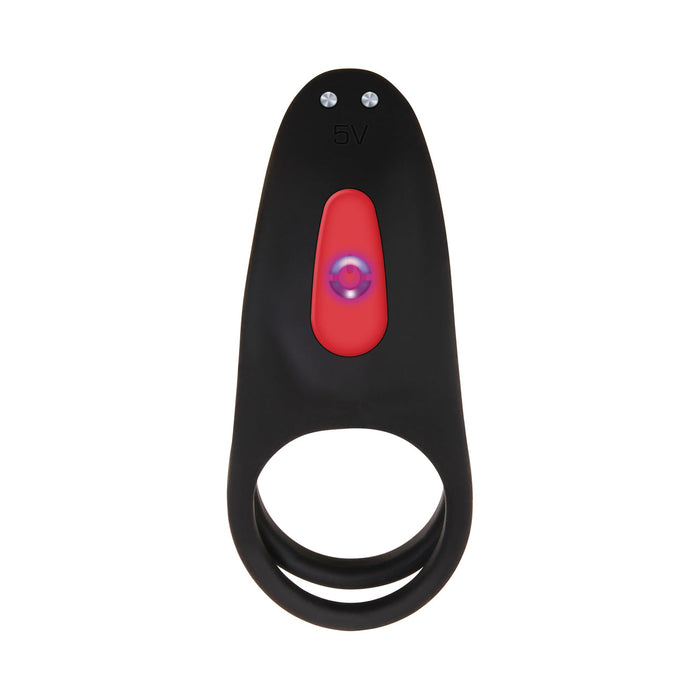 The Zero Tolerance Vibrating Girth Enhancer and Cock Ring by Evolved Novelties is a black, ergonomic wearable device designed for couples play, featuring two rings at the bottom and a central red button with a small blue light indicator. The sleek penis enhancer has the text "5V" engraved above the button.