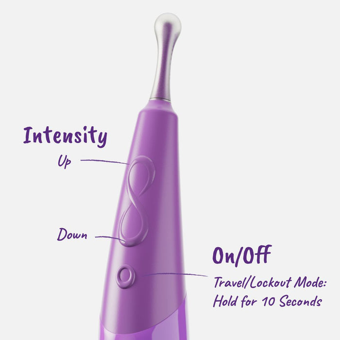 The image displays a close-up of a purple electric toothbrush with labeled buttons. The upper button is marked "Intensity Up," the lower button is labeled "Intensity Down," and beneath it is the "On/Off" button with a nearby description stating "Travel/Lockout Mode: Hold for 10 Seconds." This configuration offers precision akin to Zumio's SpiroTIP™ found in the Zumio S - Rechargeable Clitoral Stimulator.