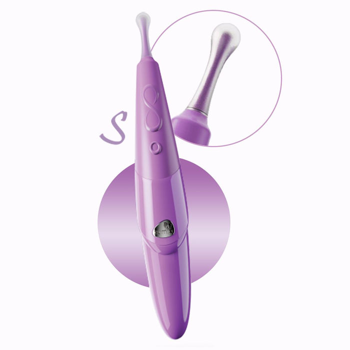 The Zumio S - Rechargeable Clitoral Stimulator by Zumio, featuring a sleek ergonomic handle and a precise SpiroTIP™ brush head with a short stem, is showcased. The close-up inset offers a detailed view of the bulb-shaped SpiroTIP™ brush head. The device also includes buttons and an indicator light on its body for user-friendly operation.