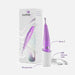 A Zumio S Rechargeable Clitoral Stimulator with SpiroTIP™ technology and its packaging. The purple device stands on a white charging base, with a USB charging cable beside it, promising pinpoint stimulation. The packaging displays an image of the product and text outlining its features.