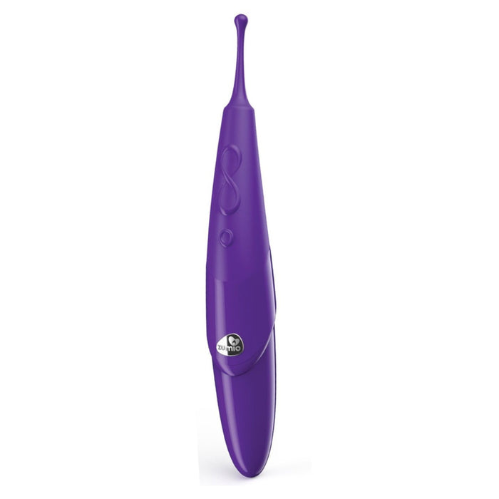 The Zumio X Powerful Oscillating Rechargeable Clitoral Stimulator by Zumio is a sleek purple handheld device with a tapered tip and a curved body. It features Zumio's Spiro Tip Technology, a small button, and an embossed swirled design near the top. The logo with text is prominently displayed near its base, ensuring quickie orgasms every time.