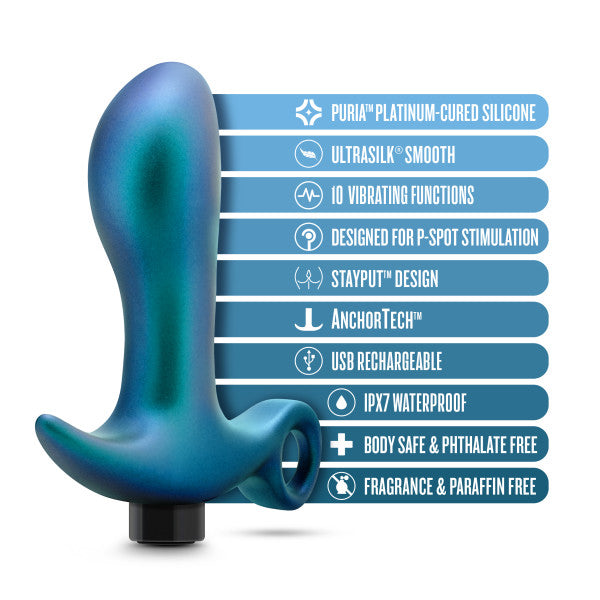 The Blush Teleportation Vibrating Silicone Prostate Massager & Butt Plug, presented in blue, is designed for versatile anal pleasure and G-spot stimulation. This product boasts features such as platinum-cured silicone construction, a smooth texture, 10 distinct functions, a StayPut design with AnchorTech technology, USB rechargeable convenience, waterproof capability, and body-safe materials.