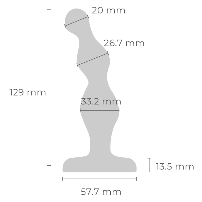 Here is a detailed diagram of the b-Vibe Stainless Steel Weighted Anal Beads for Prostate by b-Vibe, with specific measurements highlighted. The total height of the product is 129 mm, with widths at various points: 20 mm at the top, 26.7 mm in the middle, 33.2 mm just below that, and 57.7 mm at the base. The base itself has a height of 13.5 mm, ensuring a body-safe design that is perfect for prostate stimulation.