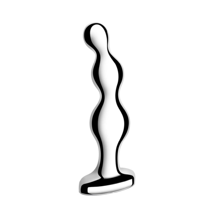 The b-Vibe Stainless Steel Weighted Anal Beads for Prostate is a shiny, silver, sculptural figure featuring a wavy, abstract shape that stands upright on a solid rectangular base. Crafted from body-safe stainless steel, its sleek design is highlighted against a plain white background.