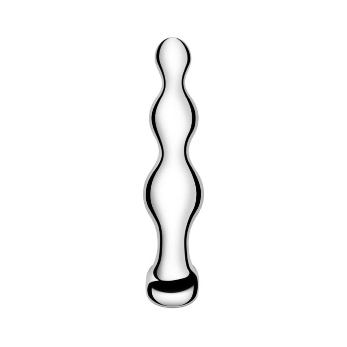 The b-Vibe Stainless Steel Weighted Anal Beads for Prostate by b-Vibe is a sleek, metallic, and reflective wand-like object featuring a wavy, undulating design with three bulbous sections along its length. Made of body-safe stainless steel designed specifically for prostate stimulation, it has a thicker base with a smooth finish and boasts an entirely polished, mirror-like surface.