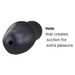 A purple, oval-shaped object made from textured silicone with a small hole and text: "Hole that creates suction for extra pleasure," known as the Ryzer 2 in 1 Penis Extender and Masturbation Sleeve.