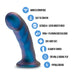 Image of the Rebellion 5.75 Inch Silicone Beginner & Pegging Dildo by Blush, featuring a shimmery blue and purple gradient design. It offers a harness-compatible feature for strap-on and pegging play, has an Ultrasilk® satin smooth finish, is crafted from Puria® platinum-cured silicone for 100% body safety, elegantly curved for both anal and vaginal use, and is hypoallergenic.