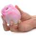 A hand with perfectly manicured nails holds The Rose Dream Pink Swirl Powerful Clitoral Stimulator by XR Brands, crafted from body-safe silicone. It features a circular opening at the top for clitoral air pulsing suction and is set against a plain white background.