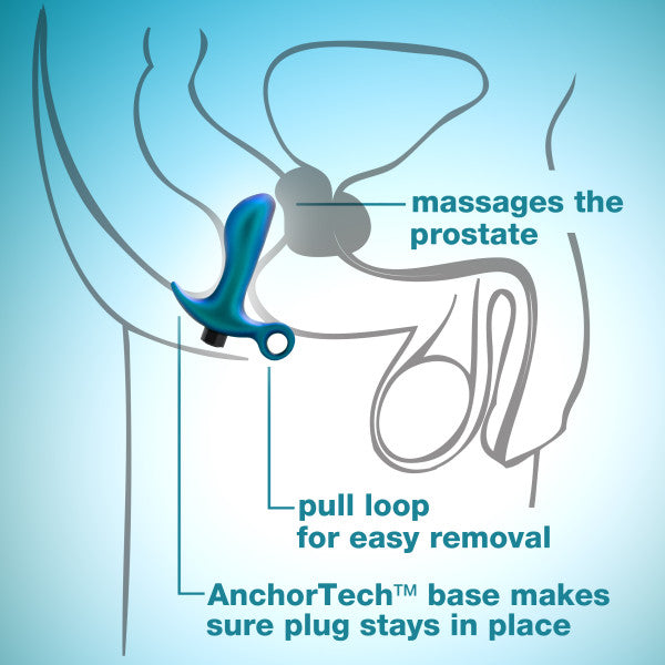 An anatomical diagram illustrates the features of the Blush Teleportation Vibrating Silicone Prostate Massager & Butt Plug, highlighting its ability to "massage the prostate," "pull loop for easy removal," and an "AnchorTech™ base that ensures the silicone plug stays in place." Experience enhanced anal pleasure with every use.