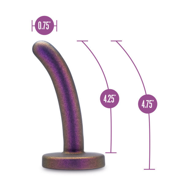 The product, the Surrender Slim 4.75 Inch Silicone Beginner & Pegging Dildo by Blush, is displayed on a white background. With a width of 0.75 inches, a height of 4.25 inches, and a curved length of 4.75 inches, its shimmering iridescent surface with a purple hue makes it ideal for adventurous anal play experiences.