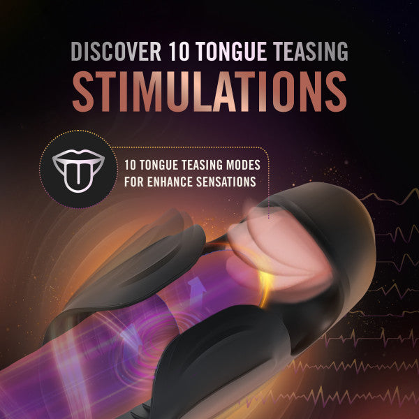 A promotional image for an adult product showcasing a device with the text: "Discover 10 Tongue Teasing Stimulations." It highlights "10 tongue flicking modes for enhanced oral pleasure" with a visual of the Lick The Tip Rechargeable Vibrating Thumping Stroker Silicone by Evolved Novelties, emphasizing its features.