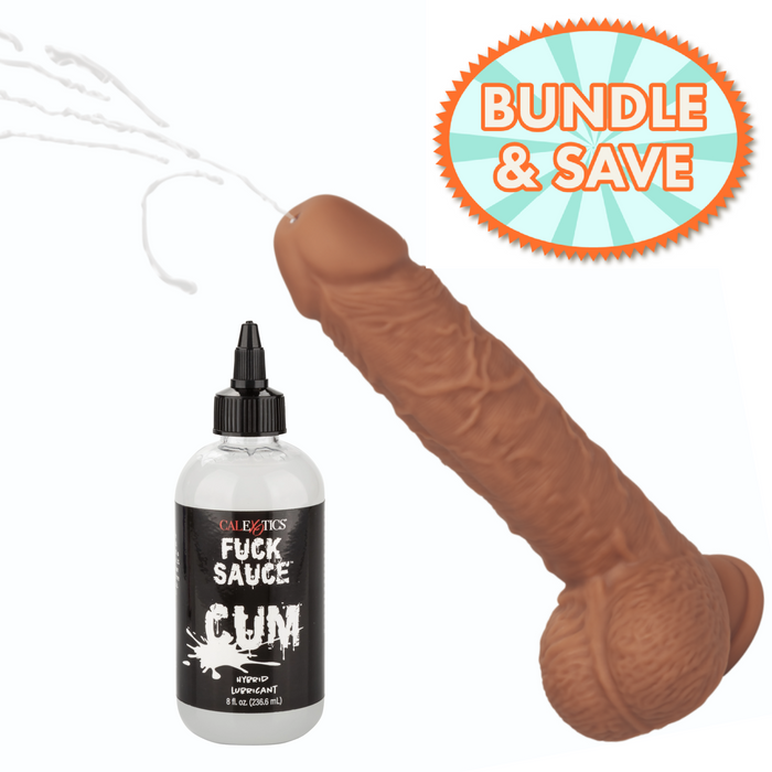 A product bundle from BTB Shop featuring the Fuck Stick Vibrating Squirting Dildo (Dark) and a bottle of "Fuck Sauce Cum Lube" at half price. The image includes a sticker that says "BUNDLE & SAVE.