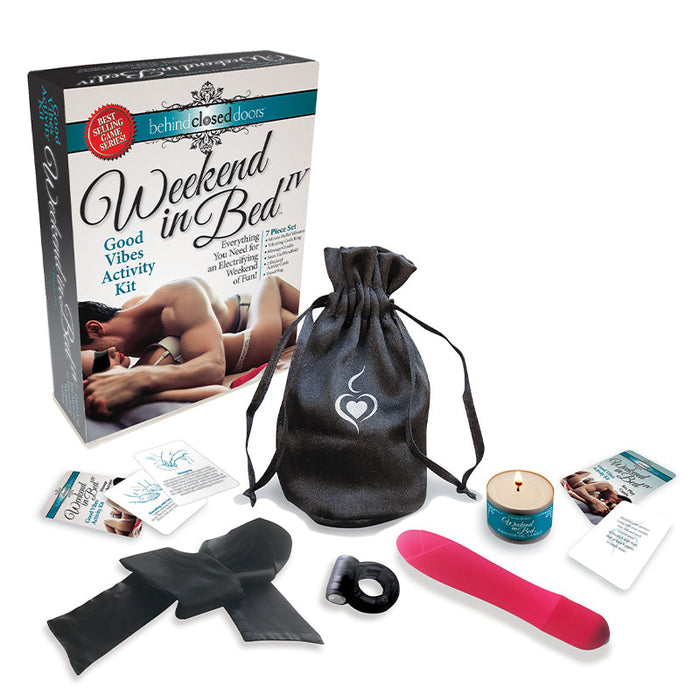 The "Weekend In Bed Good Vibes Couples Kit" includes a black drawstring bag, black ribbons, cards, a massage candle, a silicone bullet vibrator, and a vibration cock ring, all presented in packaging featuring an embracing couple.