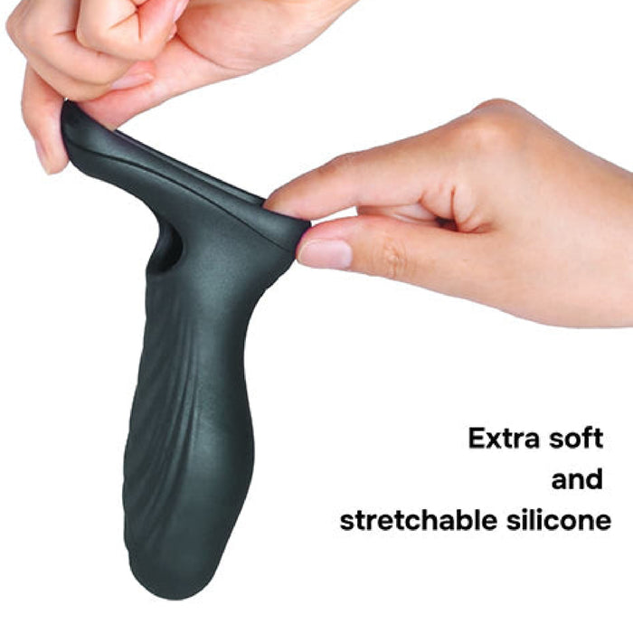 Hands stretching a green textured silicone extender, showcasing its flexibility. The text reads "Extra soft and stretchable liquid silicone." Product: Ryzer 2 in 1 Penis Extender and Masturbation Sleeve.