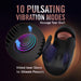 An image of the Lick The Tip Rechargeable Vibrating Thumping Stroker Silicone in black is shown, highlighting its ribbed inner sleeve. Text at the top reads "10 Pulsating Vibration Modes" and "Massage Your Shaft." Below the device, it states "Ribbed Inner Sleeve for Ultimate Pleasure." An inset presents a close-up of the ribs designed to deliver an oral pleasure experience.