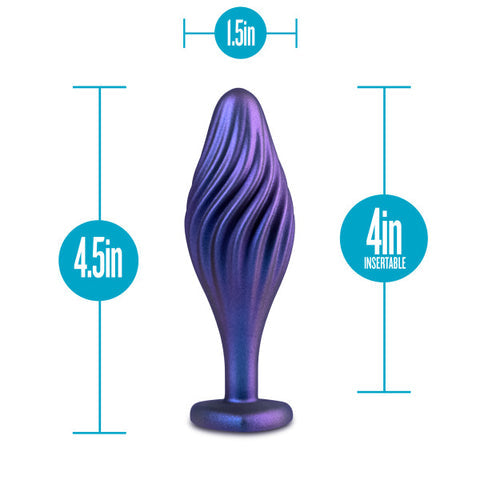 An illustration of a purple, textured Matrix Swirl Bling Butt Plug with Sparkly Heart Base with dimension annotations: 1.5 inches in width and 4.5 inches in height with 4 inches insertable.